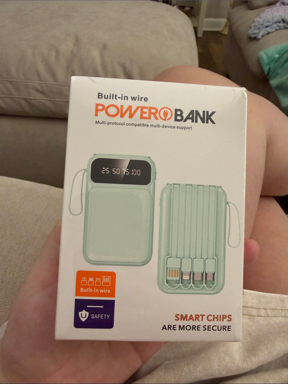Power Bank Portable Charger with Built-In Cables - Mint Green